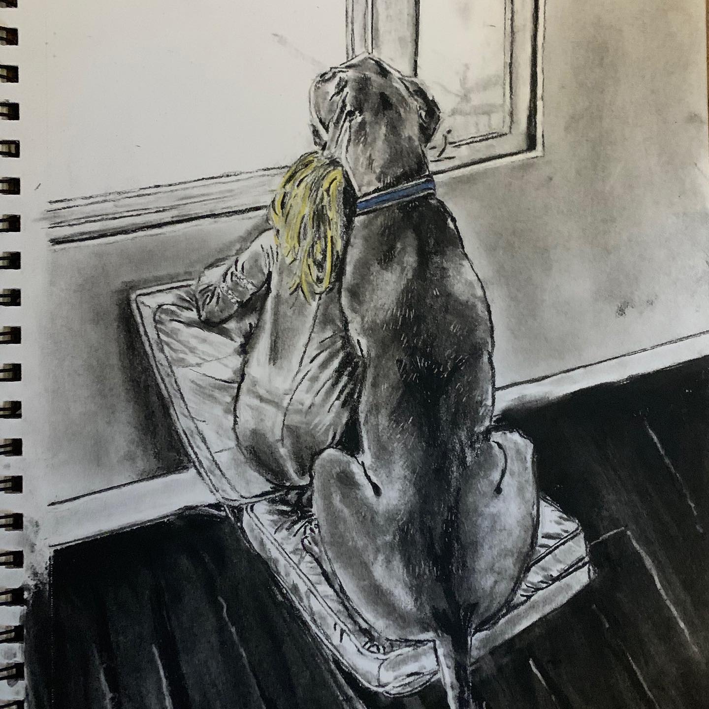A Girl and Her Dog — Back view with blonde hair