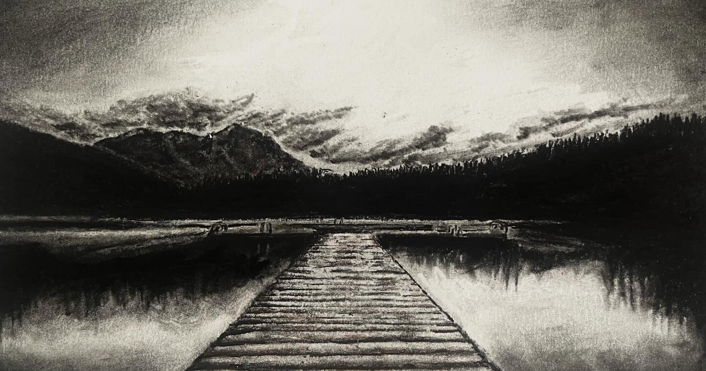 Lake scene landscape with colored pencil