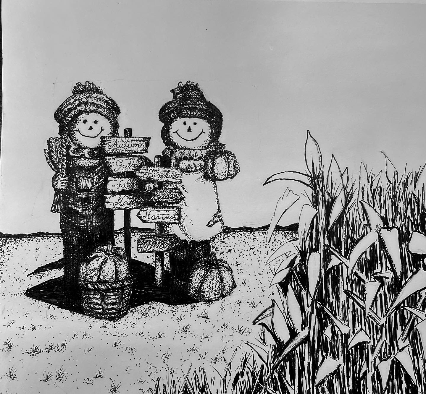 Fall scene pen drawing