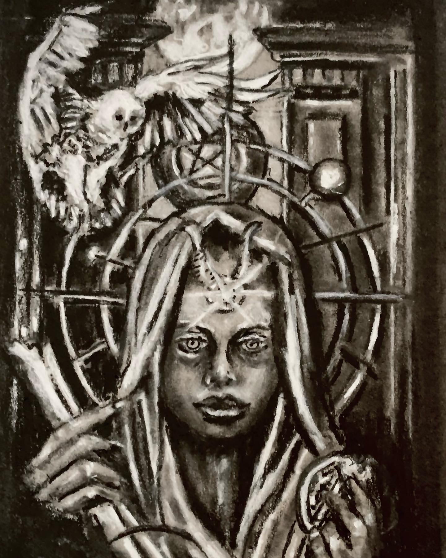 High Priestess tarot card charcoal drawing