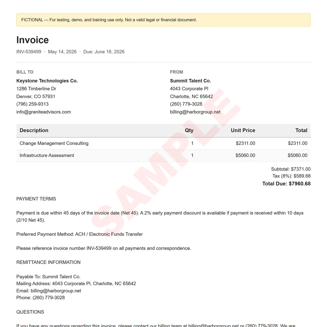 RecordForge: a generated fictional invoice stamped SAMPLE